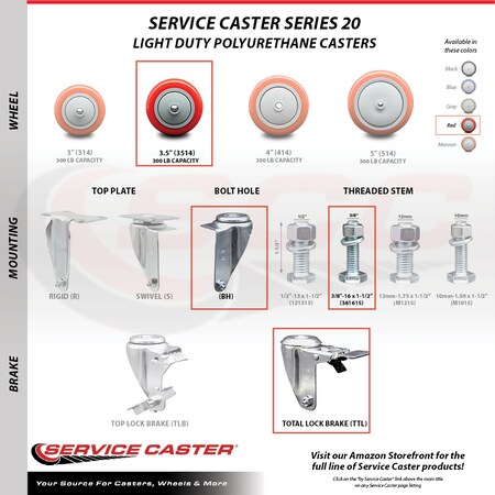 Service Caster 3.5 Inch SS Red Polyurethane 3/8 Inch Threaded Stem Caster Total Lock Brake SCC-SSTSTTL20S3514-PPUB-RED-381615